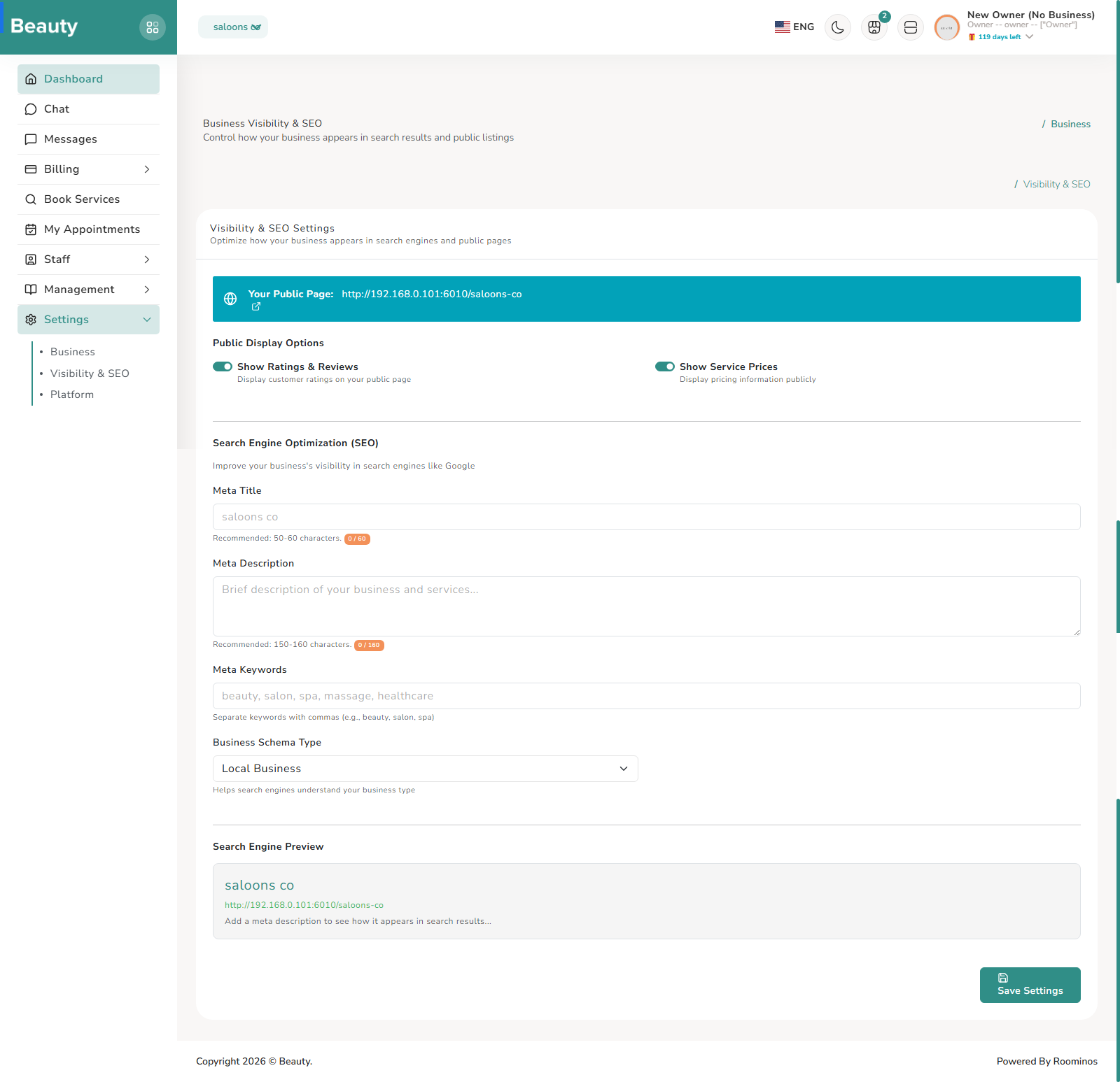 Settings / Visibility & SEO screenshot 1